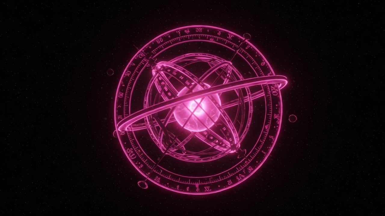 A Stunning Visualization of a Celestial Sphere with Intricate Orbital Structures Glowing in Neon Pink Against a Cosmic Background