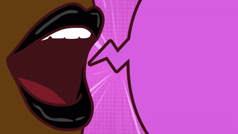 animación de burbuja de habla púrpura retro y boca abierta sobre rastros de luz sobre fondo púrpura