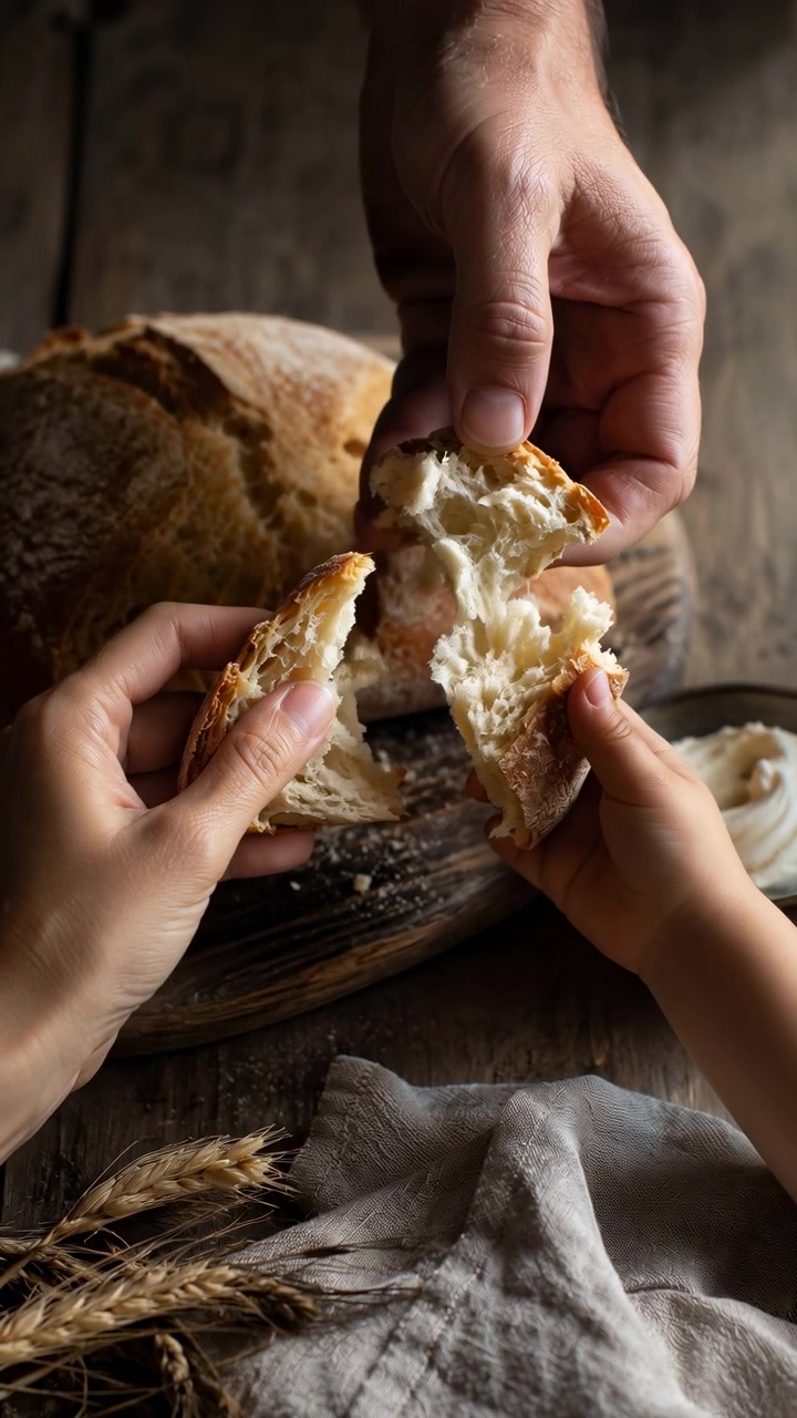 Hands sharing food on a wooden table with cloth in a warm, family meal setting close-up top-down perspective brown and gray tones natural light clean background. A cooperative and serene.