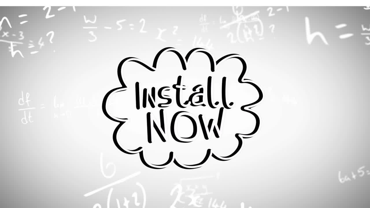 이제 설치 텍스트 배너와 회색 배경에 떠다니는 수학적 방정식의 애니메이션.