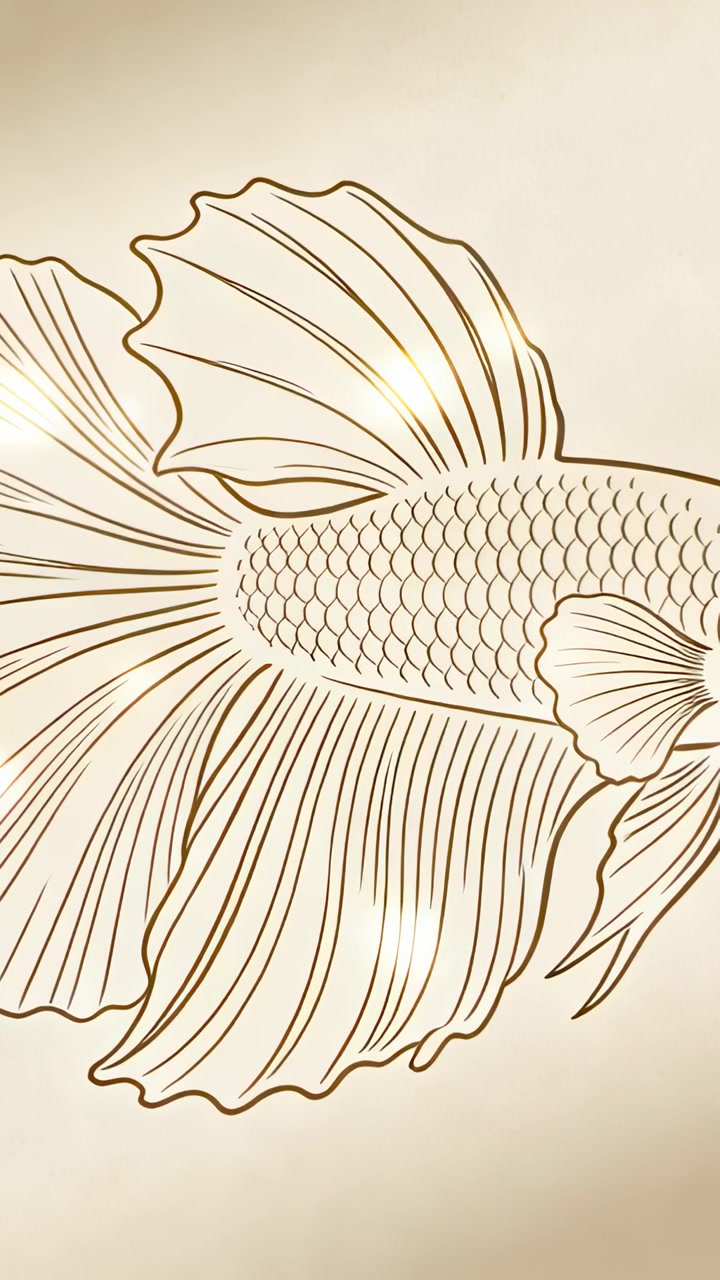 Video verticale: Telecamera che panoramica su un disegno di pesce ornato su carta beige calda, mostrando riflessi dorati.