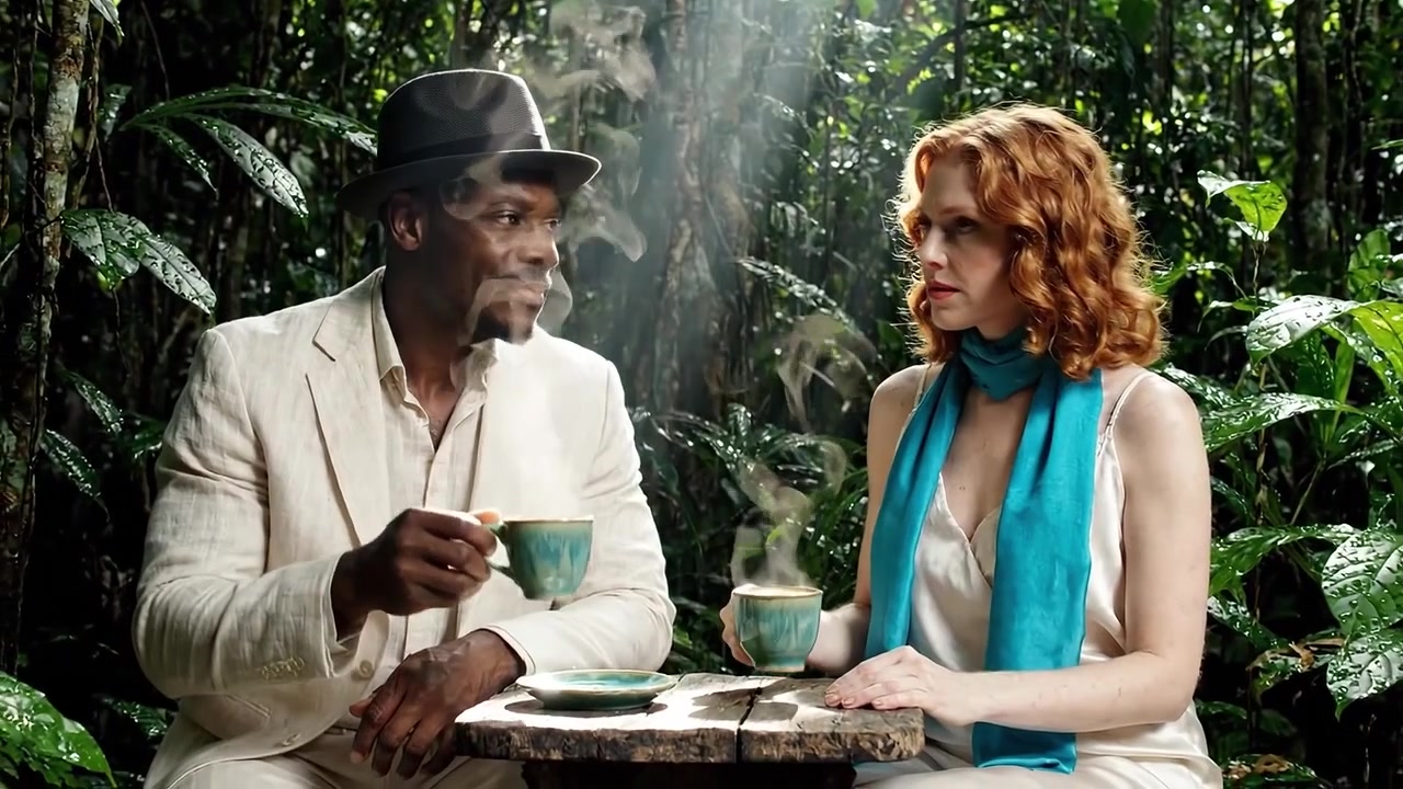 Un momento sereno nella natura: Una conversazione intima davanti a un caffè tra una vegetazione lussureggiante e raggi di sole in un'ambientazione tranquilla nella giungla