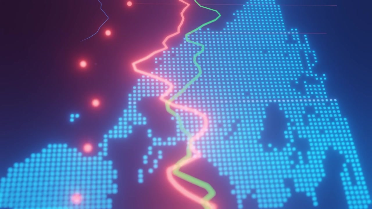 Digital map with glowing dots, red and green data lines, and grid visualization on a dark background. Global technology and analytics concept for design vertical