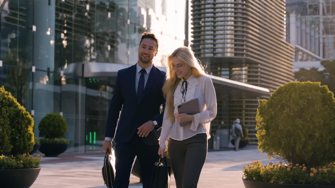 Businessman and Businesswoman Colleagues Walking And Friendly Talking with Smile Outdoor Corporate Building Backlit with Sunlight