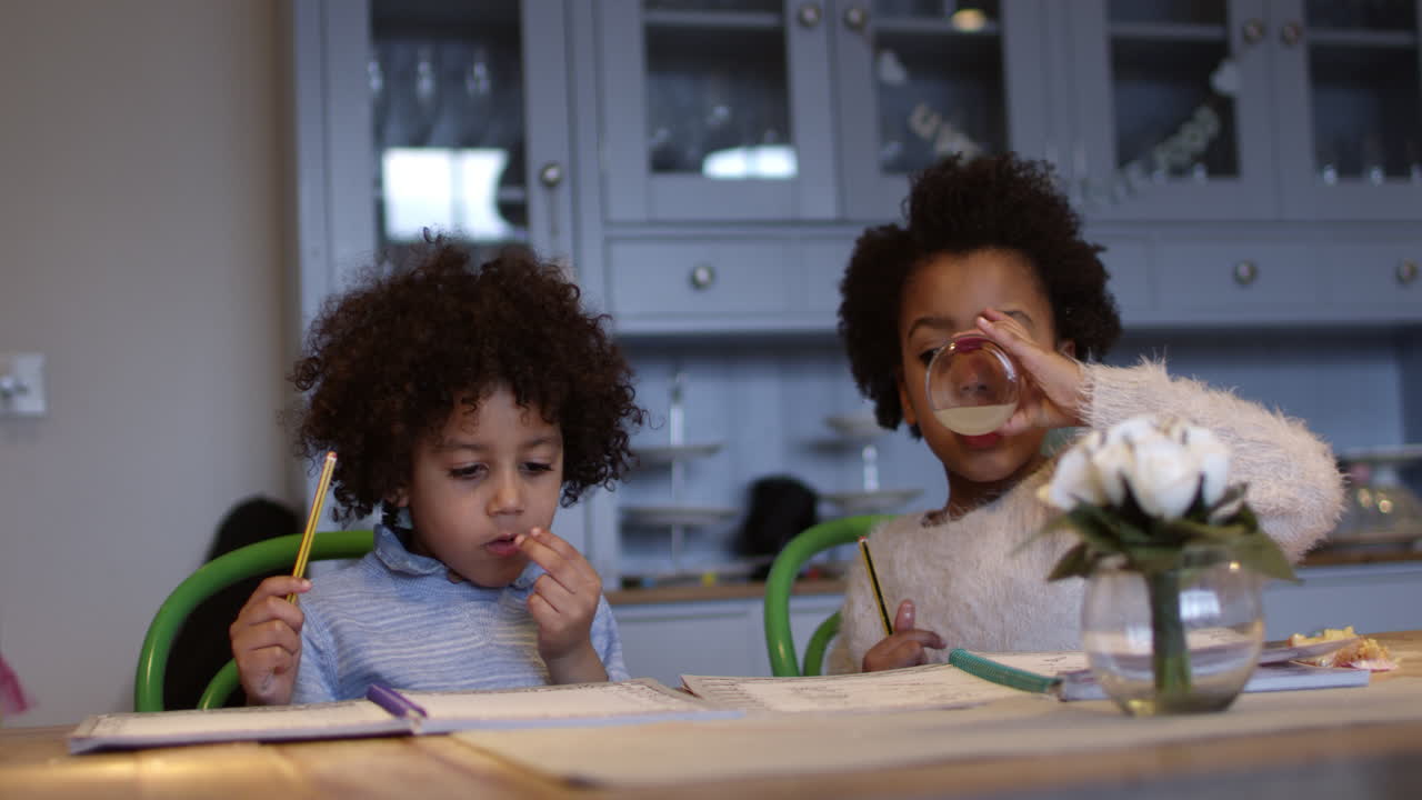 dos niños haciendo la tarea en la mesa de la cocina filmado en r3d