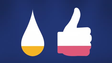 animación de íconos de pulgar y caída rellenos con colores naranja y rosa.