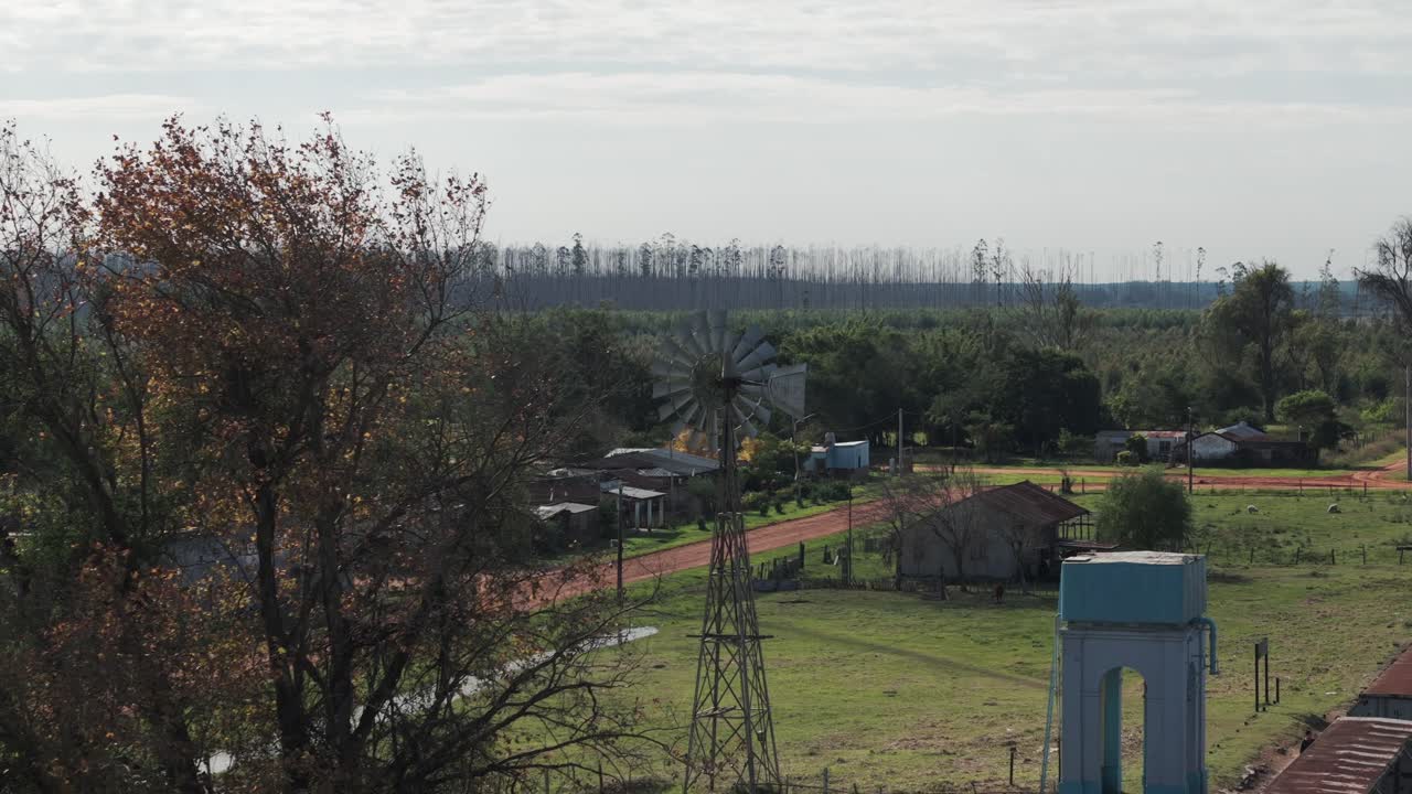울창한 초록색과 시골 주택으로 둘러싸인 고전적인 풍차와 함께 시골 풍경의 공중 풍경