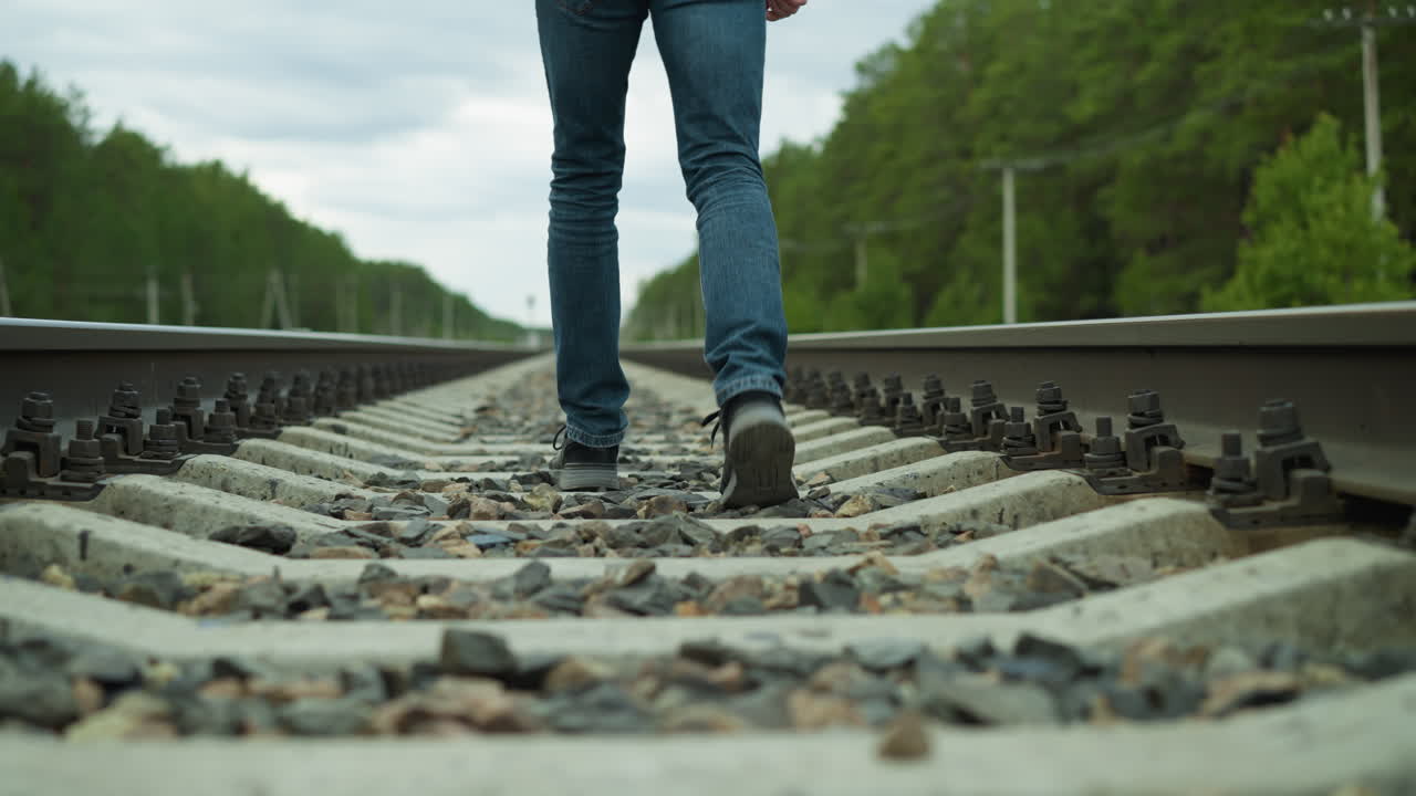 una vista de cerca de las piernas de un hombre, vestido con vaqueros y zapatos de lona, caminando solo por las vías del ferrocarril rodeado de árboles densos y postes eléctricos