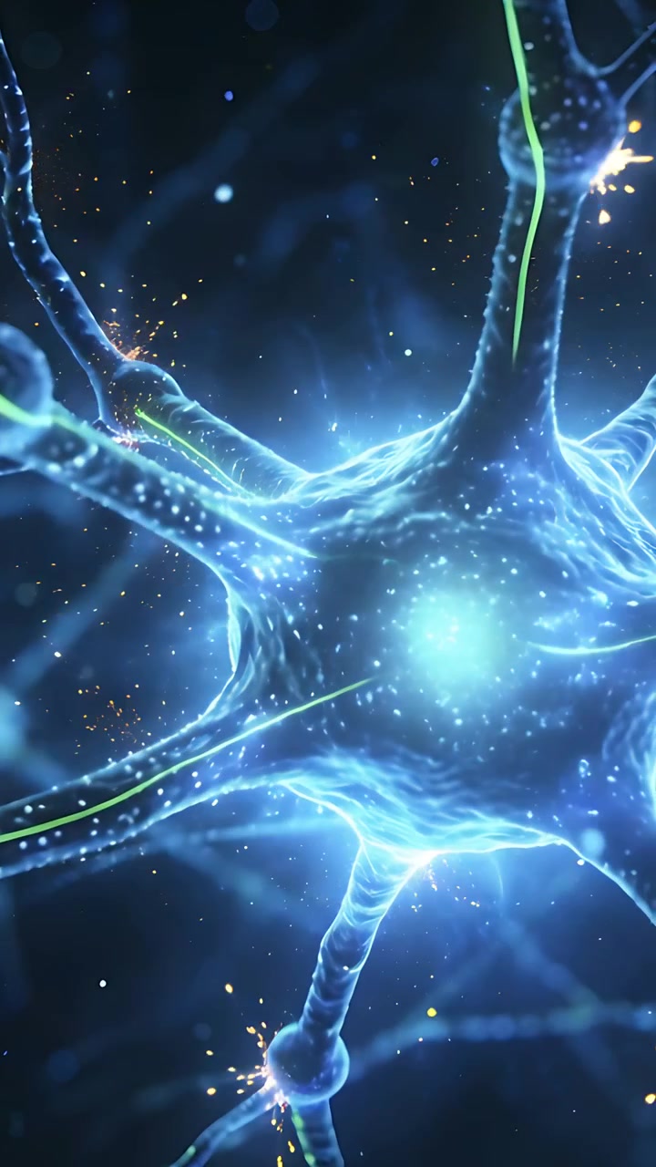 Vertical video: Soma glowing sending pulses along green branches, knobs signaling in dark blue