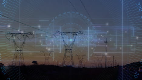 power lines and electrical grids with data processing animation during sunset