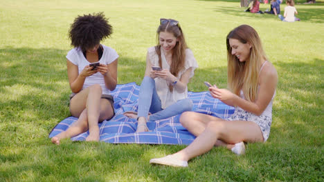 women using smartphones on meadow