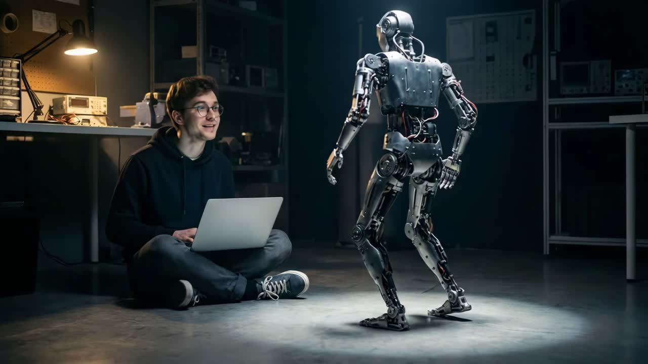 Uomo e robot con laptop