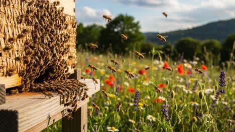 breathtaking scene of bees exiting their hive in a vibrant flower field, illustrating the thriving life of pollinators in nature's beauty