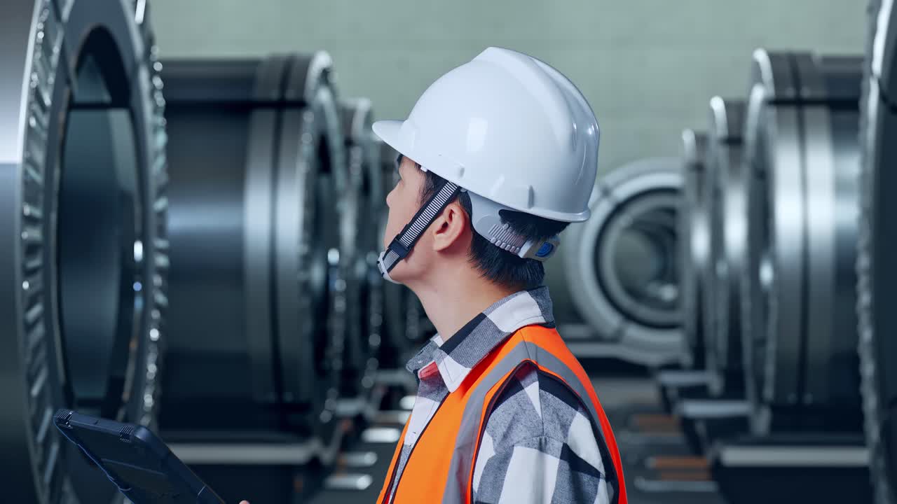 Close Up Side View Of Asian Male Engineer With Safety Helmet Looking At The Tablet In His Hand And Looking Around While Standing In Metal Factory