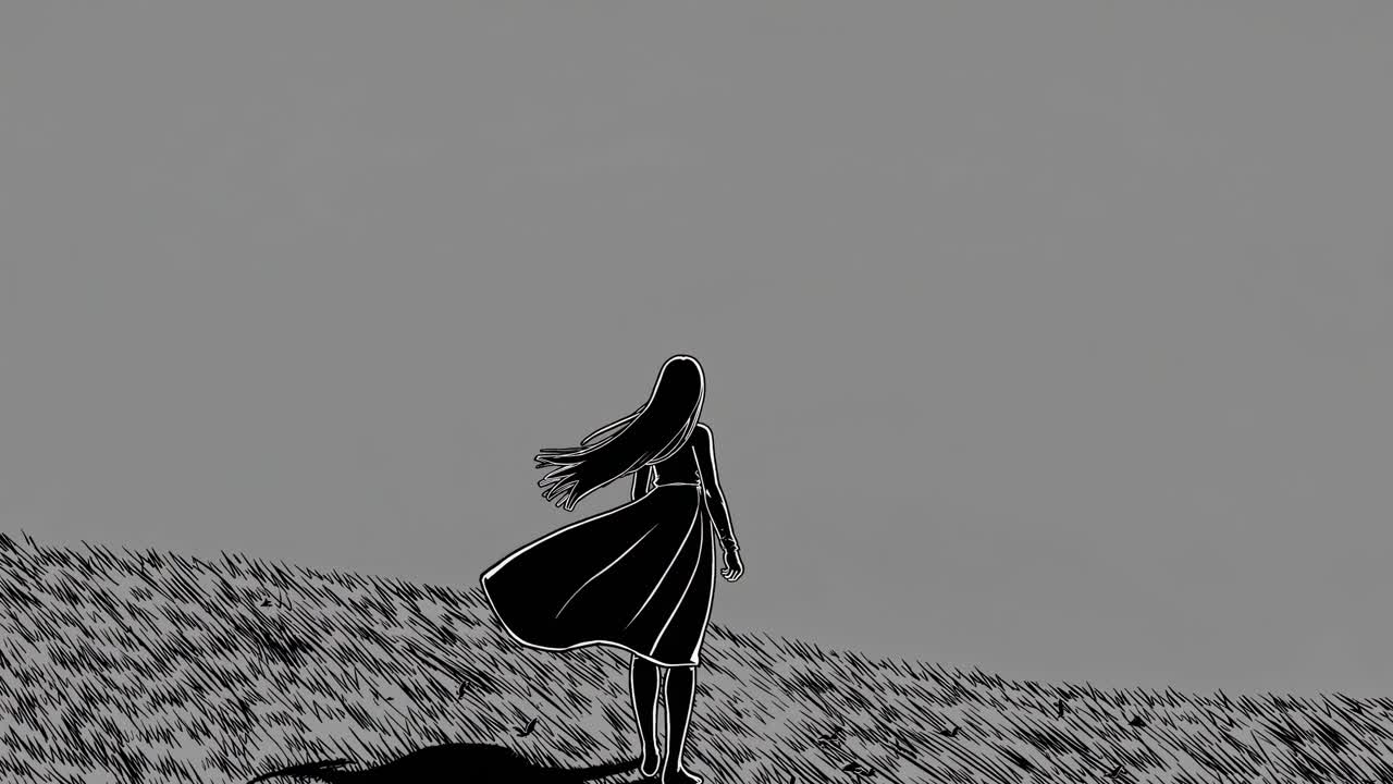 Black and white drawing of a lonely girl walking on a hill with blowing hair and dress, expressing concepts of loneliness, solitude, and emotional states