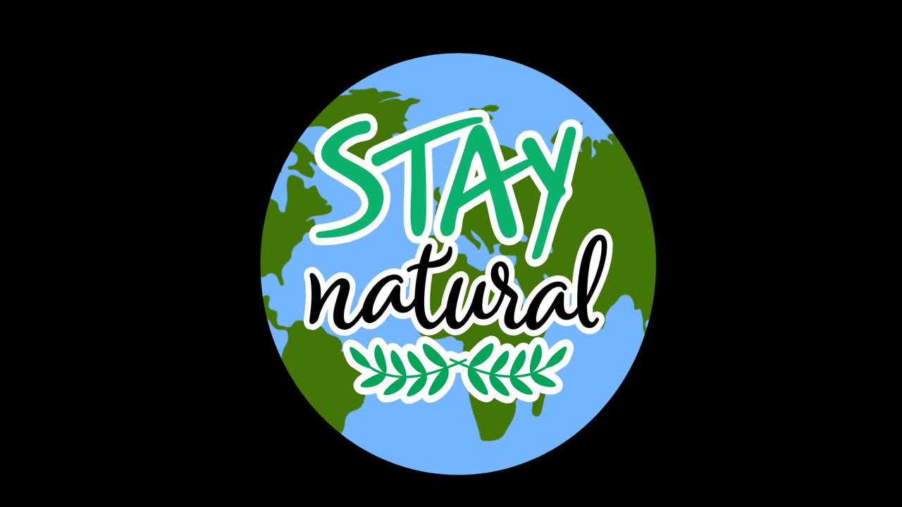 Animation of stay natural text and leaves logo over globe, on black background