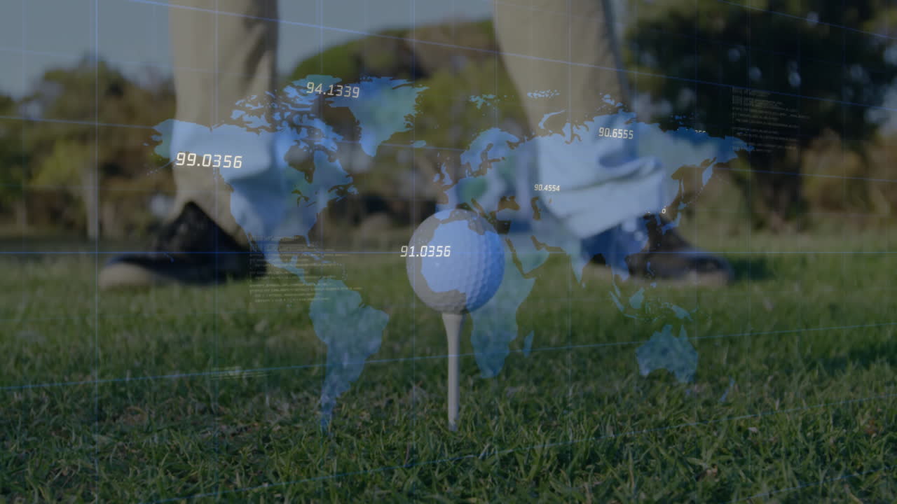 Global golf analytics being visualized in 3D render, showing dimpled ball on wooden tee