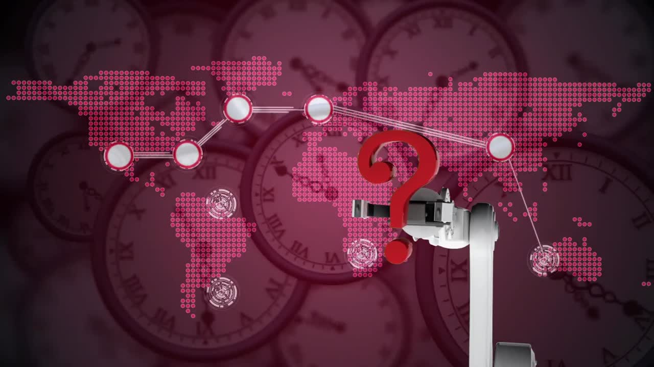 animación del brazo del robot sosteniendo el signo de interrogación rojo con el mapa de la red global sobre los relojes