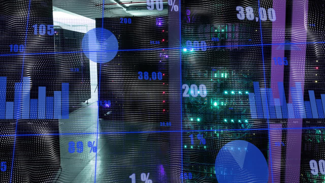 Animation of financial data processing, network of connections over computer servers