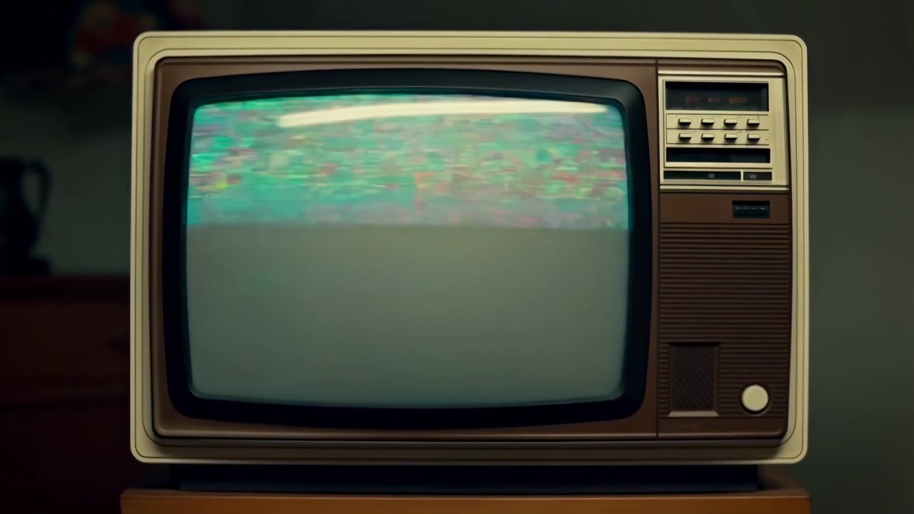 Un vecchio televisore rimane centrato mentre l'interferenza dello schermo cambia da statico luminoso a bande orizzontali scure e rumore turchese, incorniciato da un involucro caldo su uno sfondo di stanza attenuato