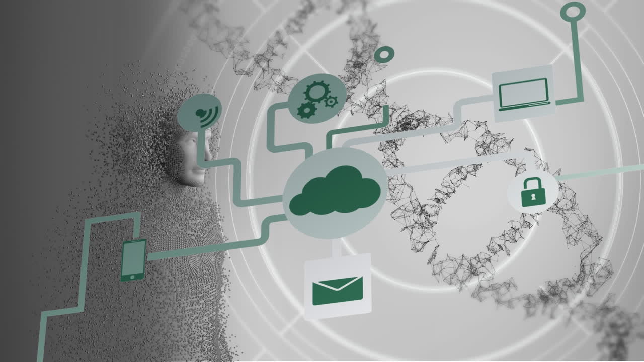 dna 위에 기술 아이콘의 애니메이션과 회색 배경에 인간 모델