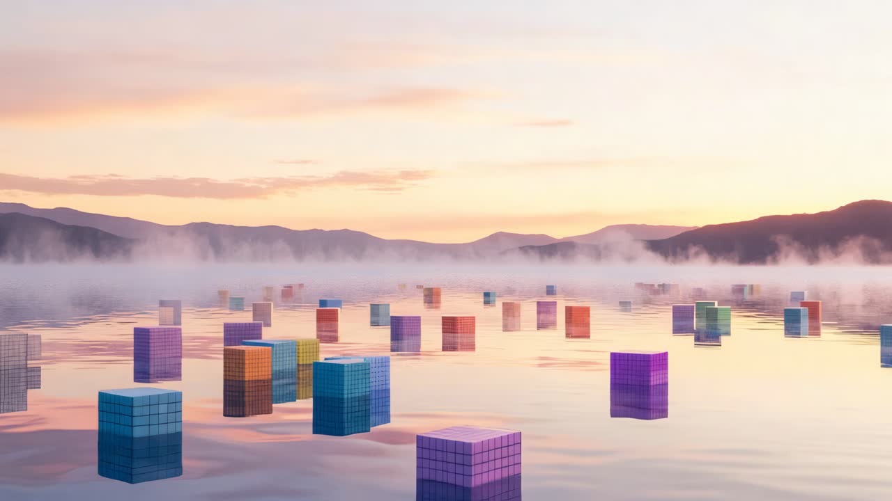 Colorful Boxes Floating on a Misty Lake at Sunrise
