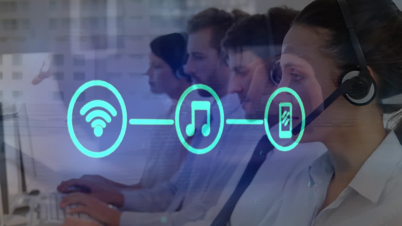 Animation of networks of icons over business people using phone headsets