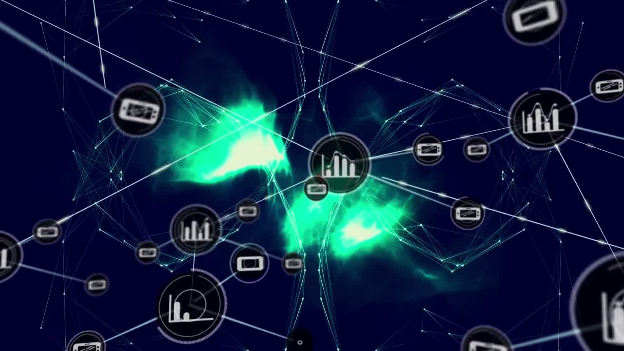 Animation of network of connections with icons with glowing spots