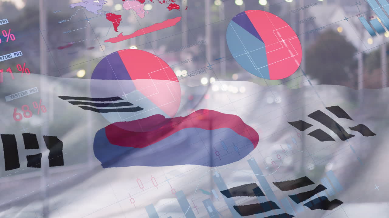 다이어그램의 애니메이션, 데이터 처리, 세계 지도 및 도시 위의 한국 국기