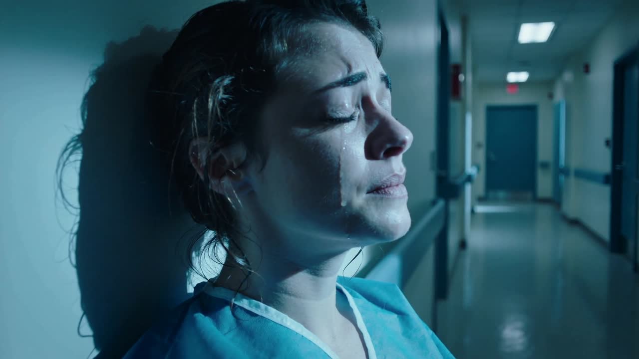 Infermiera appoggiata a una parete chiara nel corridoio dell'ospedale, che piange dopo un lungo turno, nessuna sovrapposizione.