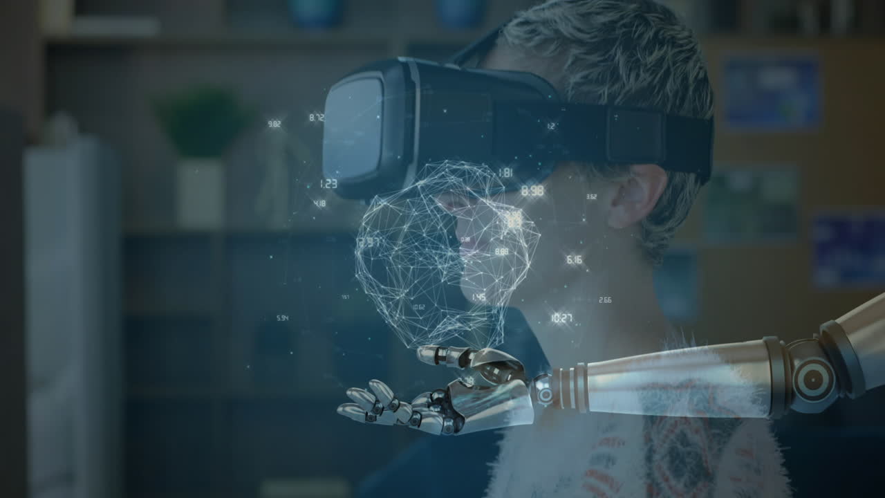 로 ⁇ 의 팔 위에 연결된 지구의 애니메이션과 배경에 vr 헤드 ⁇ 을 착용한 여성