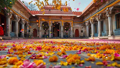 a vibrant courtyard adorned with colorful flower petals