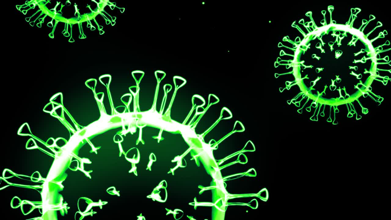imagen holográfica brillante verde de coronavirus como el virus covid-19 o el virus de la gripe vuela en el aire o flota suavemente en fondo negro. animación 3d en 4k en bucle. para presentación informativa.