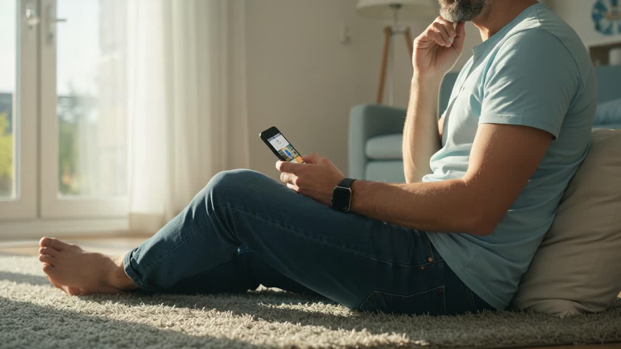 A contemplative moment captured: a man sits comfortably on a rug with a phone in hand, engaged in thought while enjoying a serene environment filled with natural light