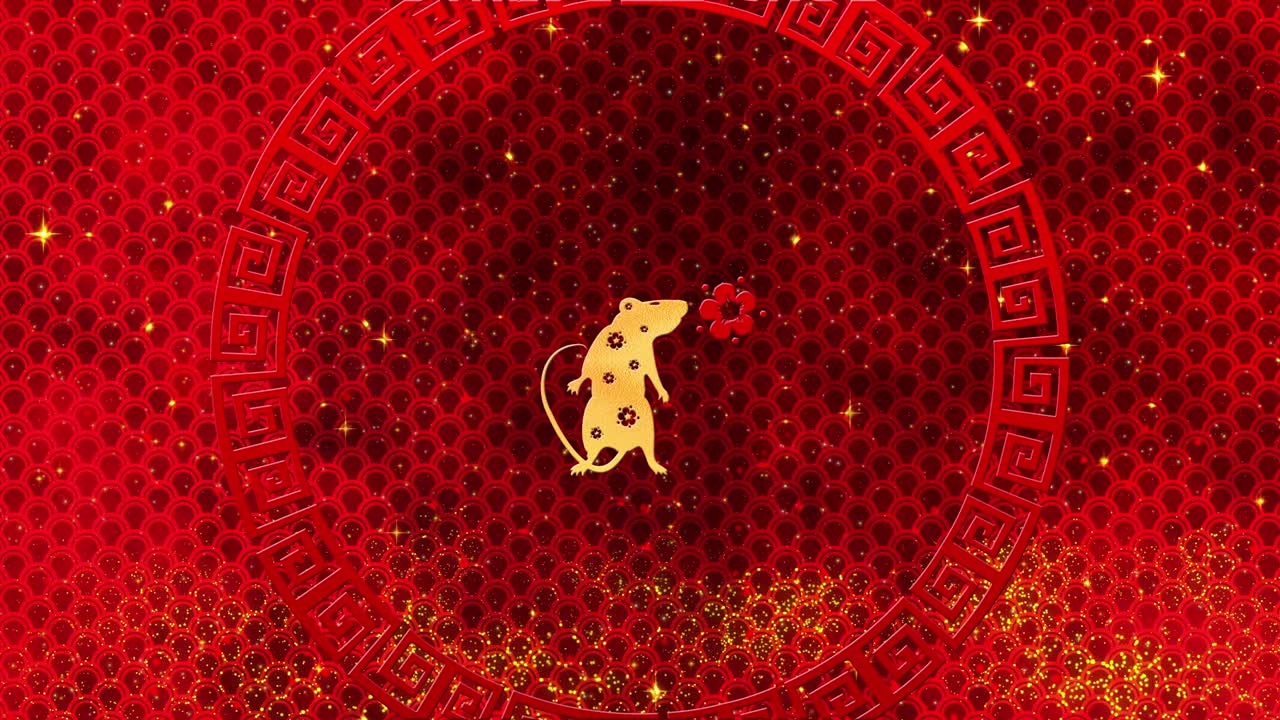 fondo de año nuevo chino rojo con oro, rata, fuegos artificiales, estrellas relucientes 3d rendering bucle 4k. mágica feliz año nuevo animación