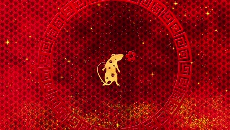 red chinese new year background with gold, rat, fireworks, glittering stars 3d rendering loop 4k. magical happy new year animation