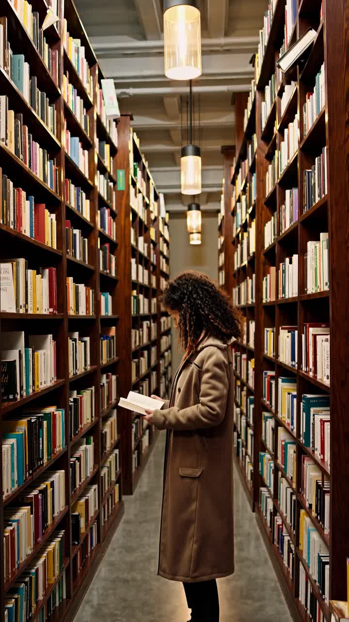 A woman reads a book in a library aisle, captured from a side angle