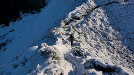 tiro inclinado hacia arriba del alpinismo del excursionista en un sendero nevado durante la luz del sol