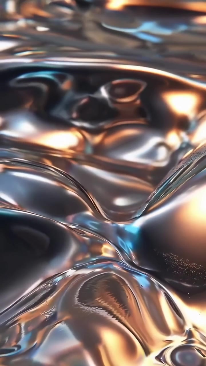 Abstract Liquid Metal Surface with Reflective Gold and Blue Tones
