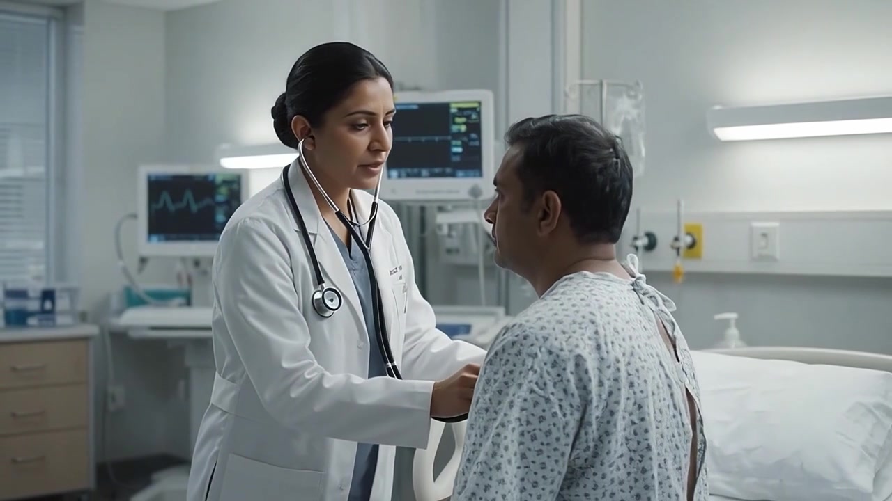 Female Doctor Examining Male Patient with Stethoscope in Hospital Room