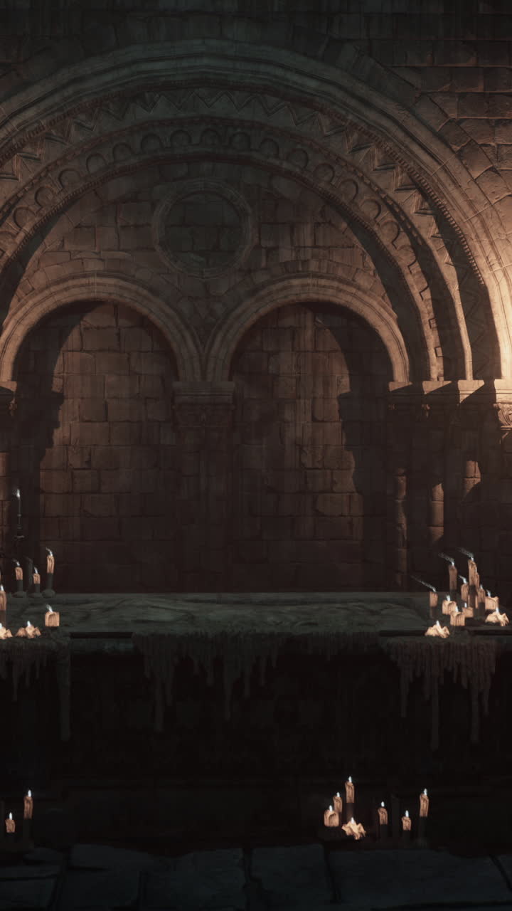 중세 시대 의 배경 에 있는 불 로 된 돌 의 아치