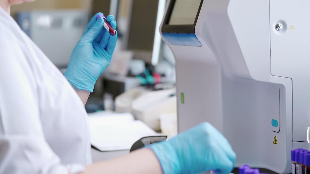 Laboratory worker with blood samples. Woman's hands in sterile gloves working with test tubes on the table in the laboratory. Medical concept.