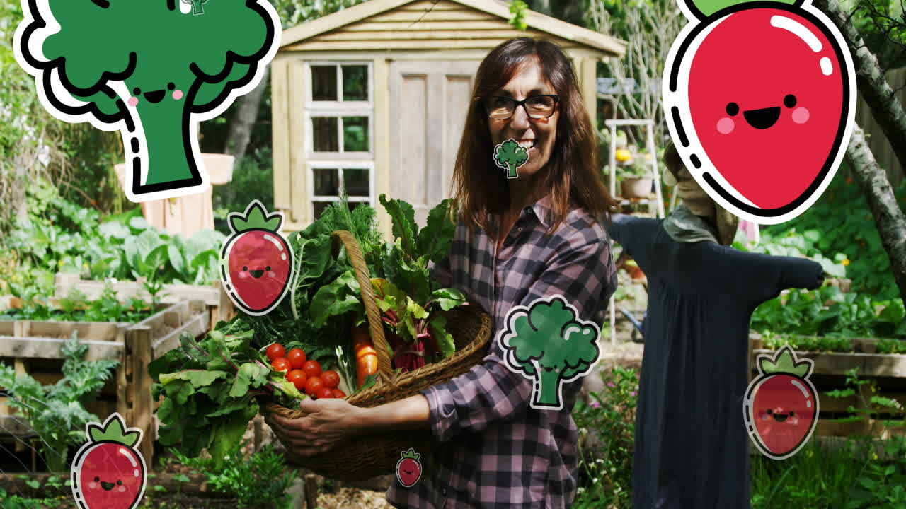 Animation of vegetables icons over happy caucasian woman with vegetables