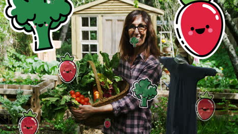 animación de iconos de verduras sobre una mujer caucásica feliz con verduras
