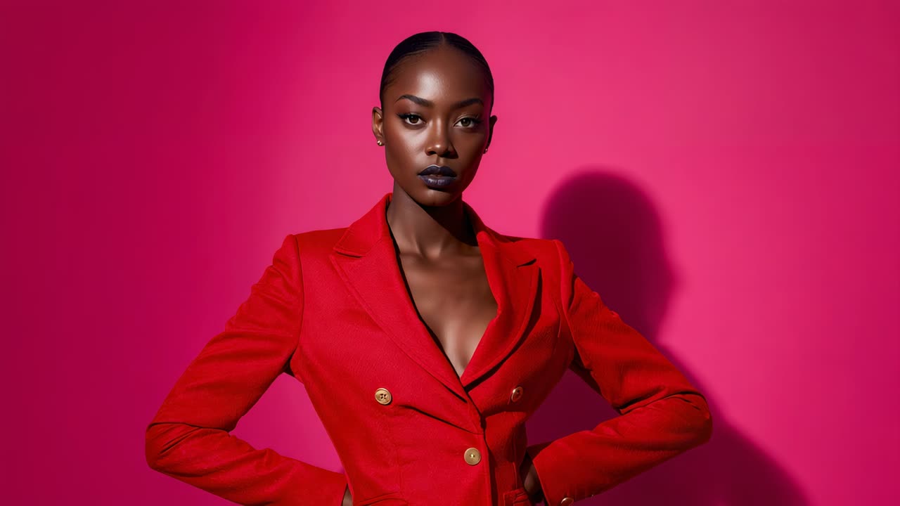 Posing model responding to camera cue, tilting and smiling in studio with red blazer, pink backdrop