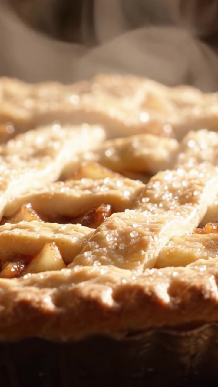 Torta di mele dorata appena sfornata con crosta friabile e copertura zuccherata, che emette vapore caldo, catturando perfettamente l'essenza del cibo casalingo e confortante
