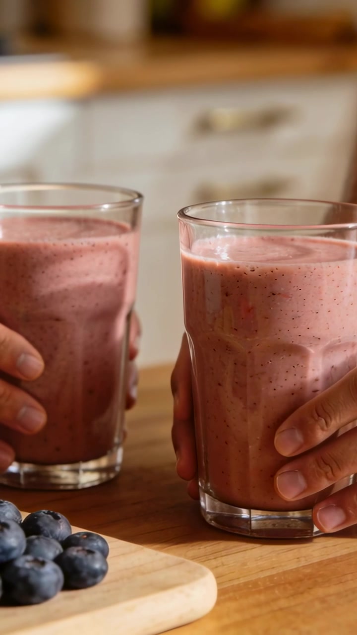 Main droite plaçant un deuxième verre, deux adultes levant des smoothies roses sur un comptoir en bois, partageant de la nourriture