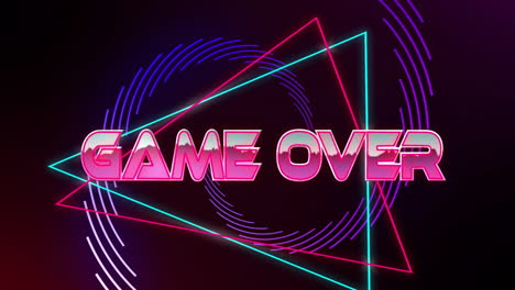 neon game over text glowing center on dark gradient backdrop with intersecting triangles and arcs