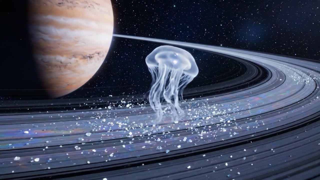 Jellyfish in space near a planet with rings