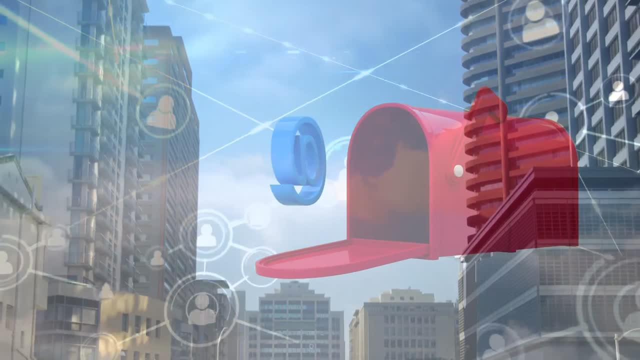도시 풍경 위의 연결 네트워크와 메일박스의 애니메이션